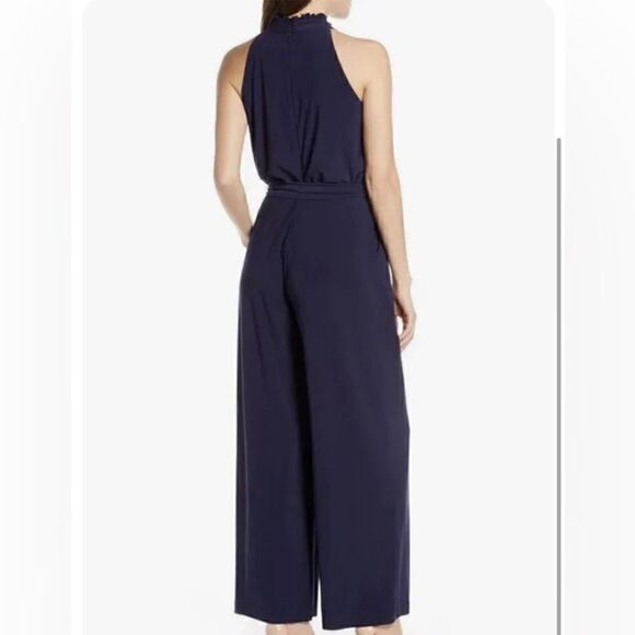 Vince Camuto Jumpsuit  Ruffle Neck Halter Wide Leg Navy Blue Stretch Sz. 4 - Picture 2 of 11